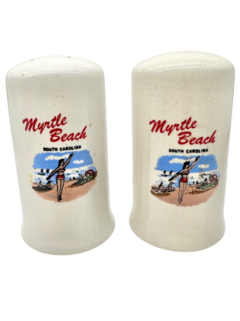 Myrtle Beach SC Ceramic Salt and Pepper Shakers Souvenir Set White 3 inches Tall
